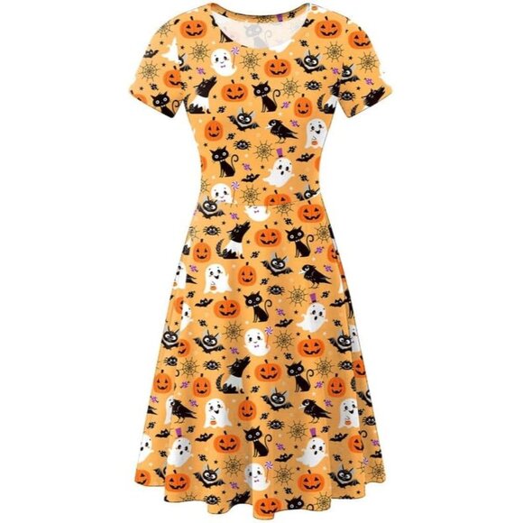 Women's Halloween Dress for Women Short Sleeves Printed Vintage Style Pumpkin - Picture 1 of 6